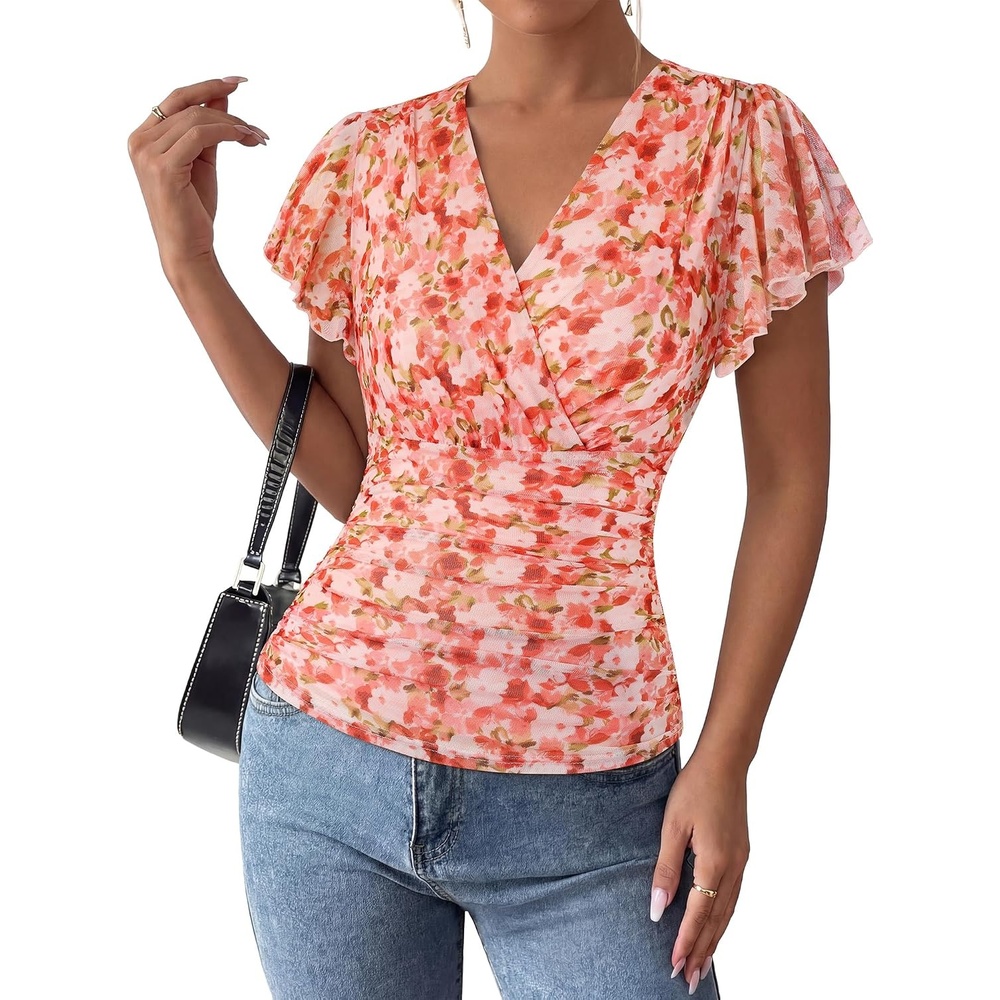 image:imageGRACE KARIN 2026 Womens Mesh Tops Dressy Casual Boho BlousesOrange Floral