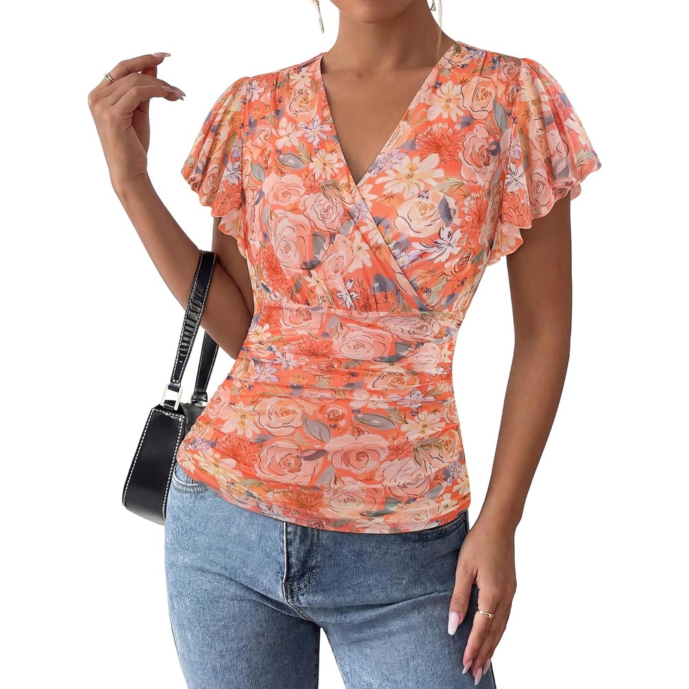 image:imageGRACE KARIN 2026 Womens Mesh Tops Dressy Casual Boho BlousesOrange Flower