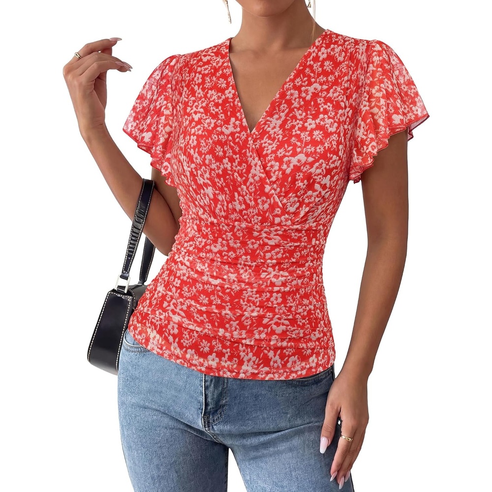 image:imageGRACE KARIN 2026 Womens Mesh Tops Dressy Casual Boho BlousesRed White
