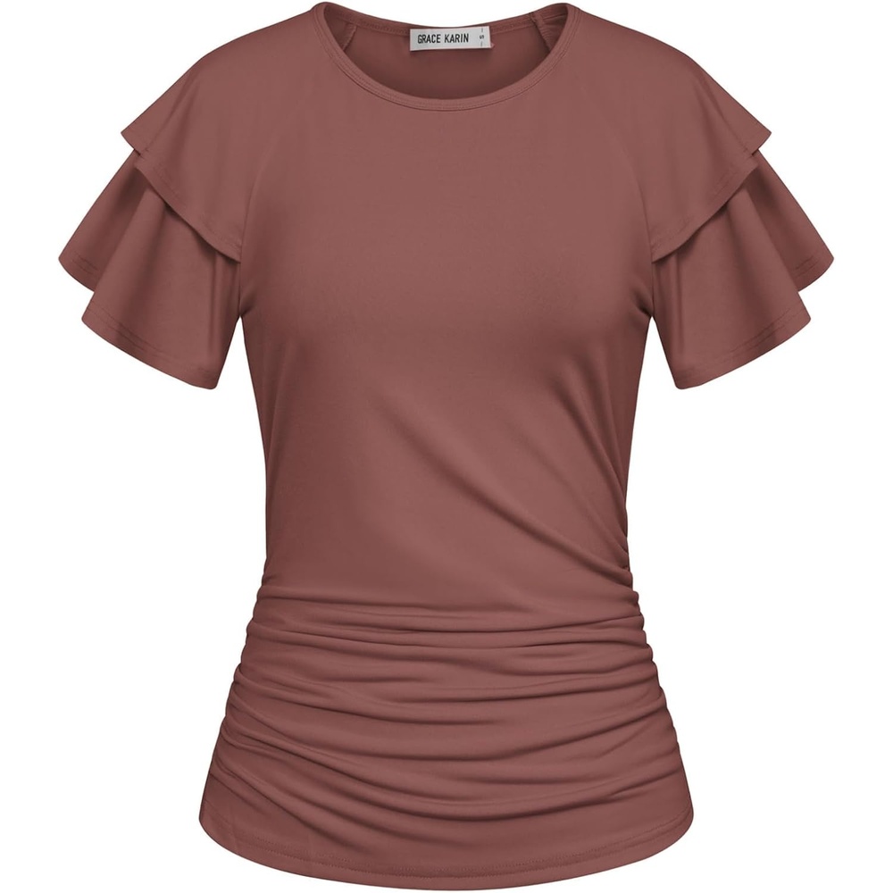image:imageGRACE KARIN Women Tops Dressy Casual Ruffle Sleeve BlousesChocolate Brown