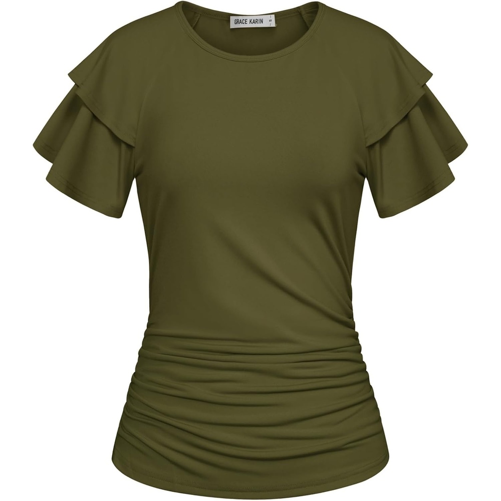 image:imageGRACE KARIN Women Tops Dressy Casual Ruffle Sleeve BlousesOlive Green