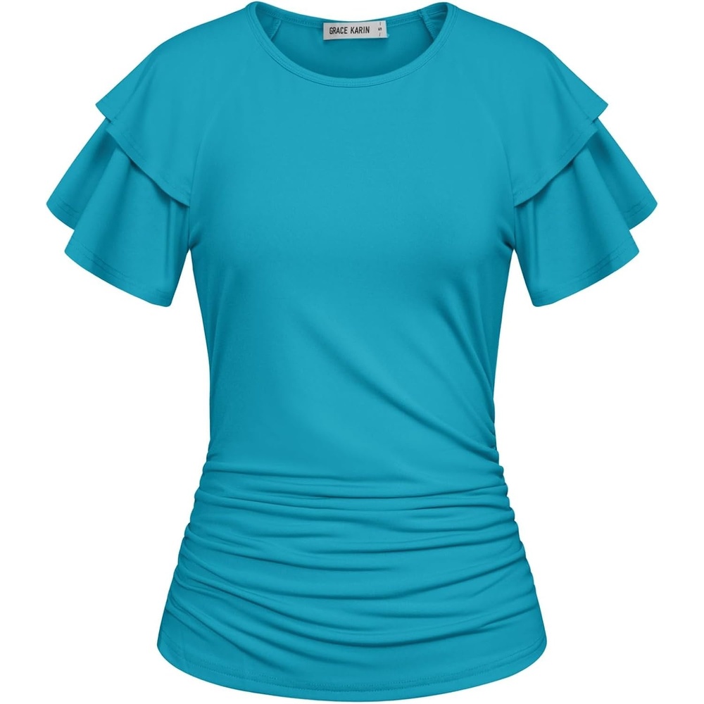 image:imageGRACE KARIN Women Tops Dressy Casual Ruffle Sleeve BlousesPeacock Blue