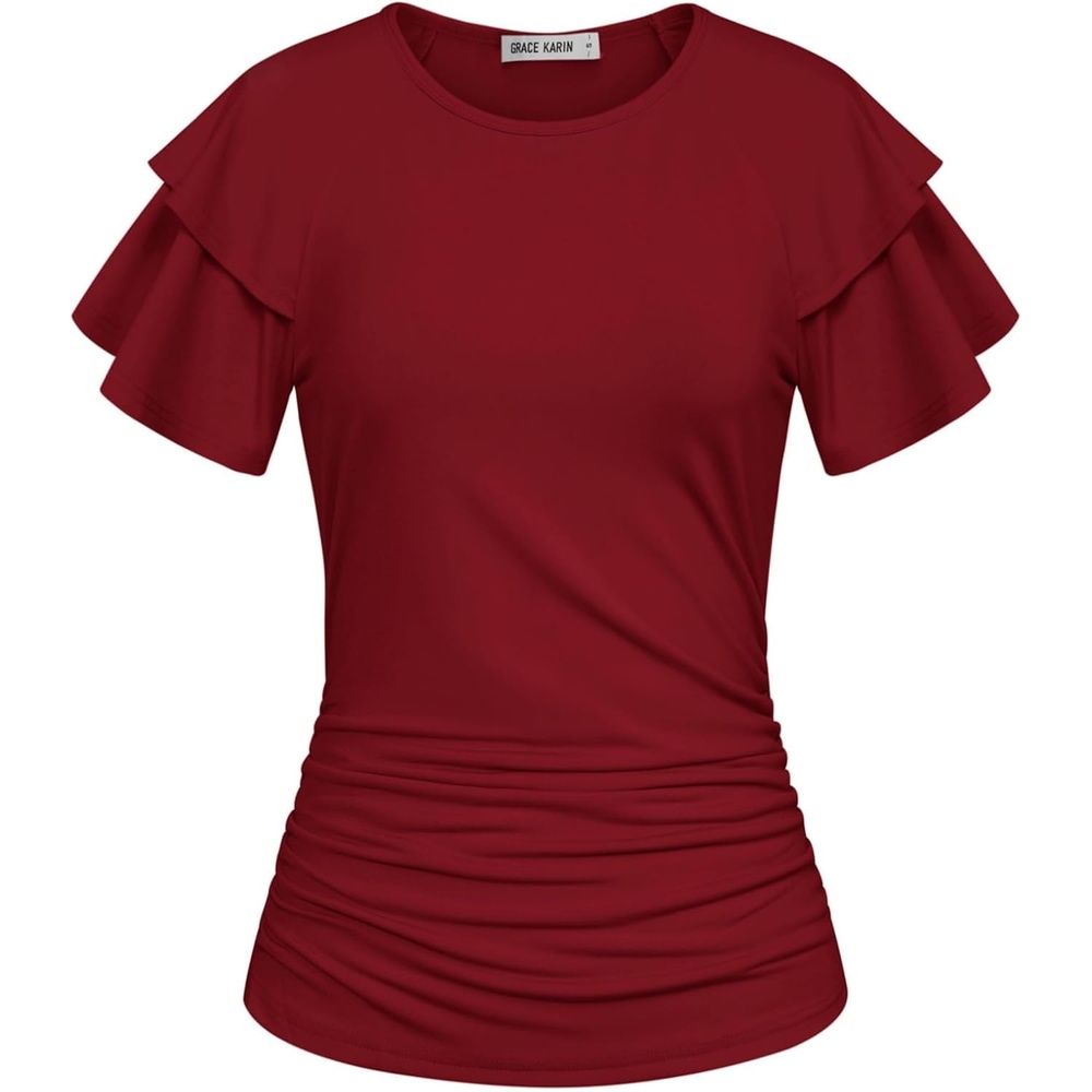 image:imageGRACE KARIN Women Tops Dressy Casual Ruffle Sleeve BlousesWine Red