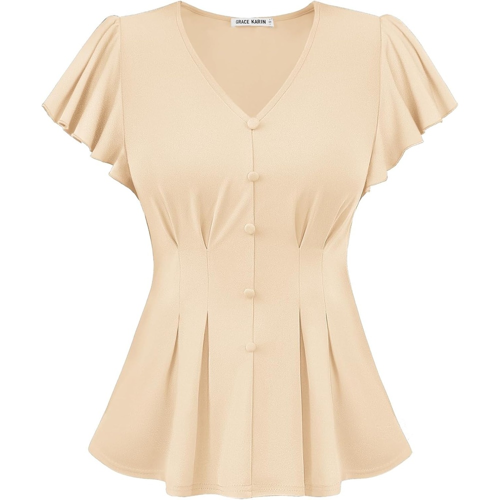 image:imageGRACE KARIN Womens Summer Blouses Dressy Casual Ruffle Peplum TopsApricot