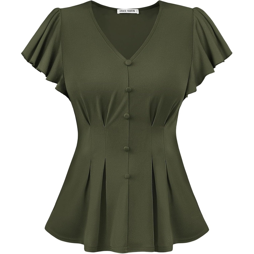 image:imageGRACE KARIN Womens Summer Blouses Dressy Casual Ruffle Peplum TopsArmy Green