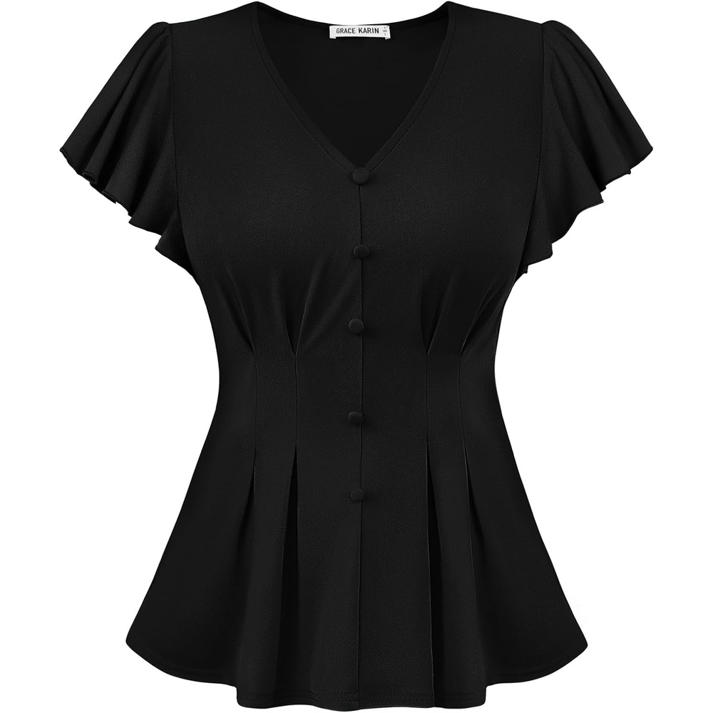 image:imageGRACE KARIN Womens Summer Blouses Dressy Casual Ruffle Peplum TopsBlack