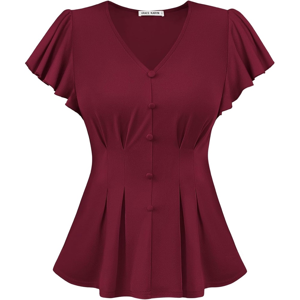 image:imageGRACE KARIN Womens Summer Blouses Dressy Casual Ruffle Peplum TopsBurgundy