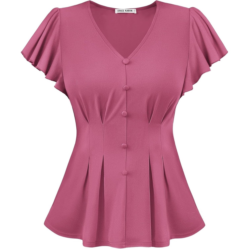 image:imageGRACE KARIN Womens Summer Blouses Dressy Casual Ruffle Peplum TopsLight Fuchsia