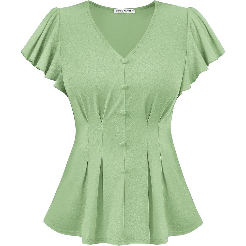 image:imageGRACE KARIN Womens Summer Blouses Dressy Casual Ruffle Peplum TopsLight Green