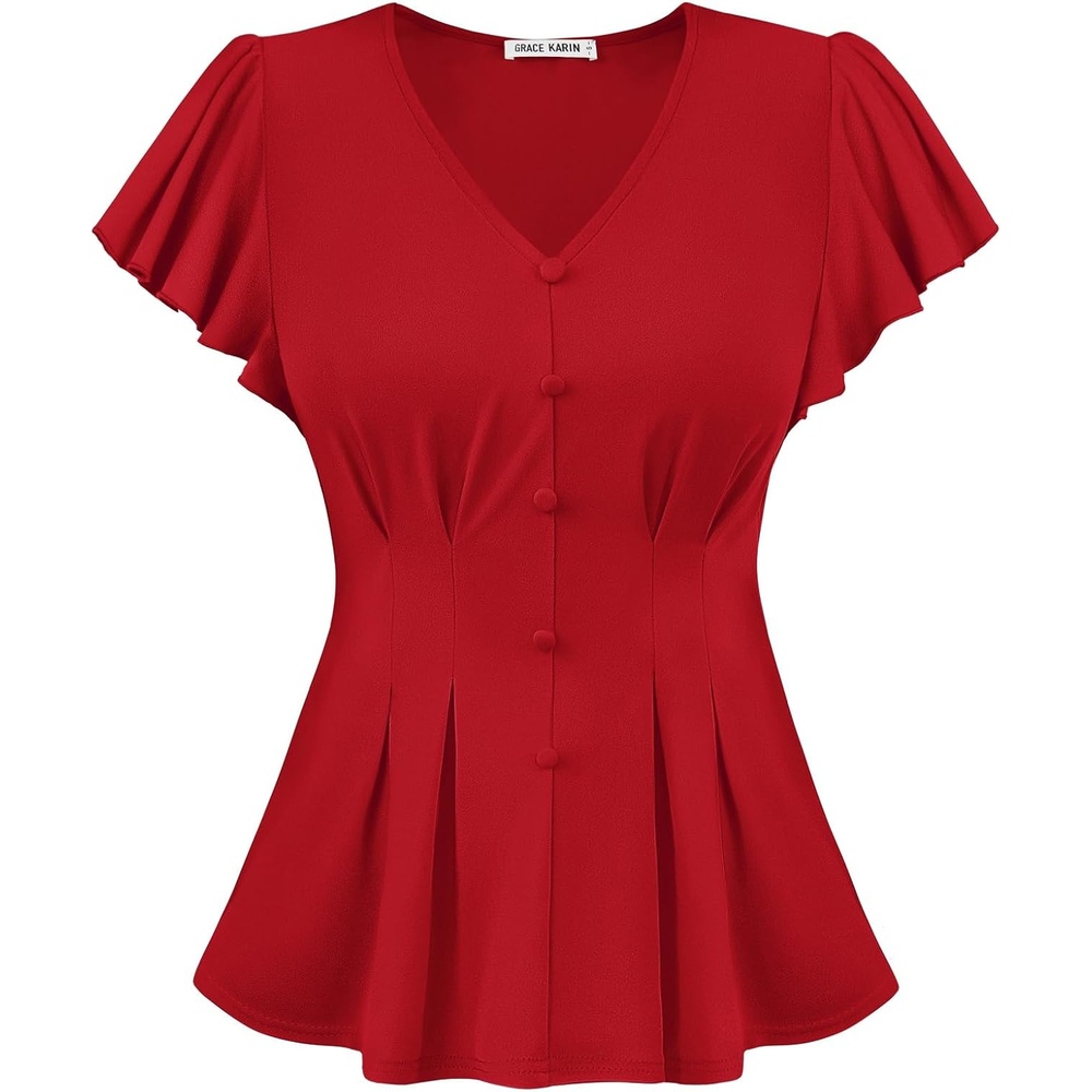 image:imageGRACE KARIN Womens Summer Blouses Dressy Casual Ruffle Peplum TopsRed