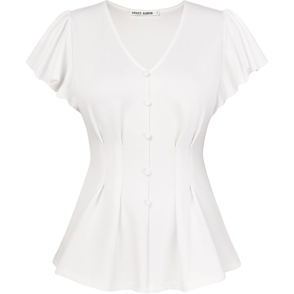 image:imageGRACE KARIN Womens Summer Blouses Dressy Casual Ruffle Peplum TopsWhite