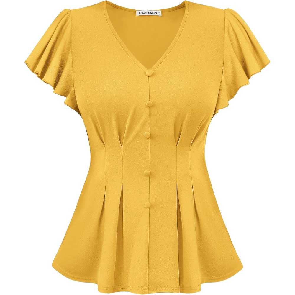 image:imageGRACE KARIN Womens Summer Blouses Dressy Casual Ruffle Peplum TopsYellow