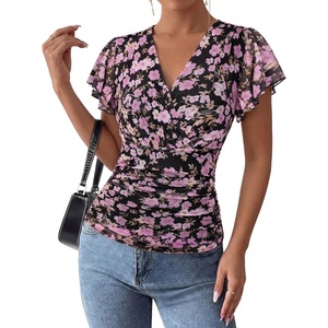 GRACE KARIN 2026 Womens Mesh Tops Dressy Casual Boho Blouses(Black Purple)