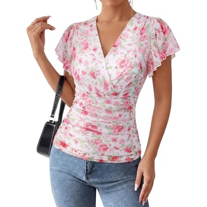 GRACE KARIN 2026 Womens Mesh Tops Dressy Casual Boho Blouses(Pink White)