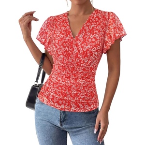 GRACE KARIN 2026 Womens Mesh Tops Dressy Casual Boho Blouses(Red White)