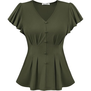 GRACE KARIN Womens Summer Blouses Dressy Casual Ruffle Peplum Tops(Army Green)