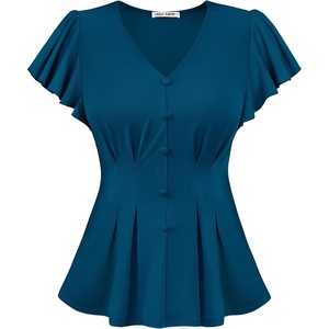 GRACE KARIN Womens Summer Blouses Dressy Casual Ruffle Peplum Tops(Blue)