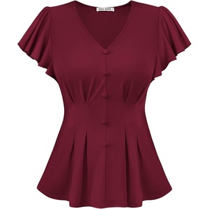 GRACE KARIN Womens Summer Blouses Dressy Casual Ruffle Peplum Tops(Burgundy)