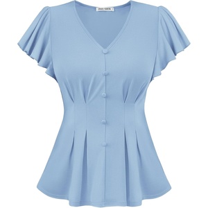 GRACE KARIN Womens Summer Blouses Dressy Casual Ruffle Peplum Tops(Light Blue)