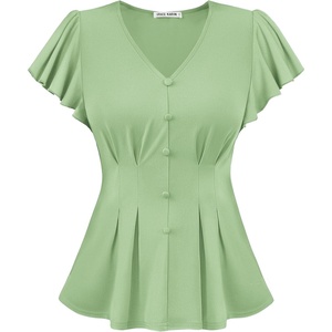 GRACE KARIN Womens Summer Blouses Dressy Casual Ruffle Peplum Tops(Light Green)