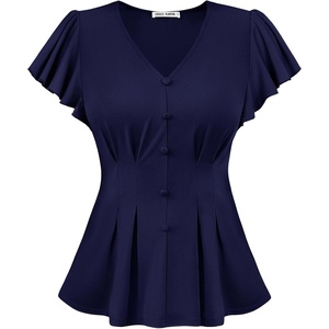 GRACE KARIN Womens Summer Blouses Dressy Casual Ruffle Peplum Tops(Navy Blue)