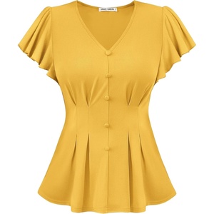 GRACE KARIN Womens Summer Blouses Dressy Casual Ruffle Peplum Tops(Yellow)