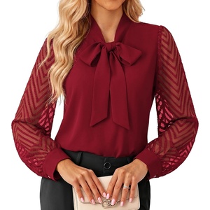 Womens Dressy Bow Tie Neck Long Sleeve Business Casual Top(Dark Wine)