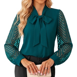 Womens Dressy Bow Tie Neck Long Sleeve Business Casual Top(Peacock Blue)