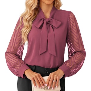 Womens Dressy Bow Tie Neck Long Sleeve Business Casual Top(Rose Pink)