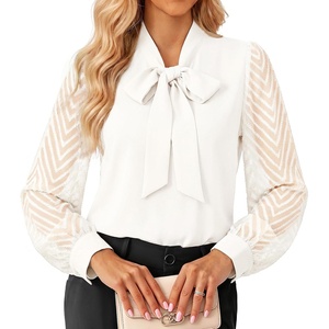 Womens Dressy Bow Tie Neck Long Sleeve Business Casual Top(White)