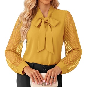 Womens Dressy Bow Tie Neck Long Sleeve Business Casual Top(Yellow)