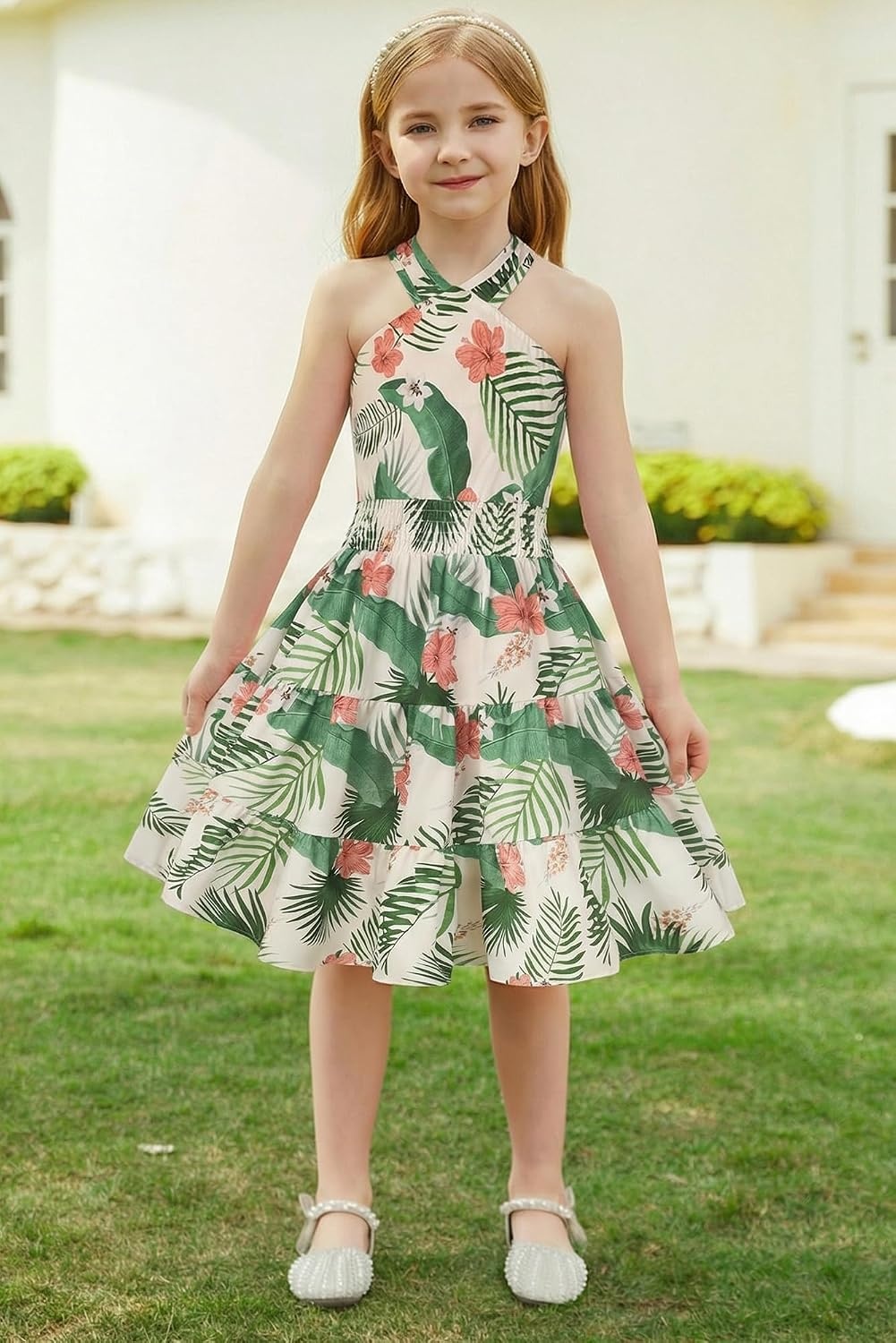 image:imageGRACE KARIN Girls Hawaiian Dresses Halter Tropical Beach Summer Dress 614YBeige Tropical