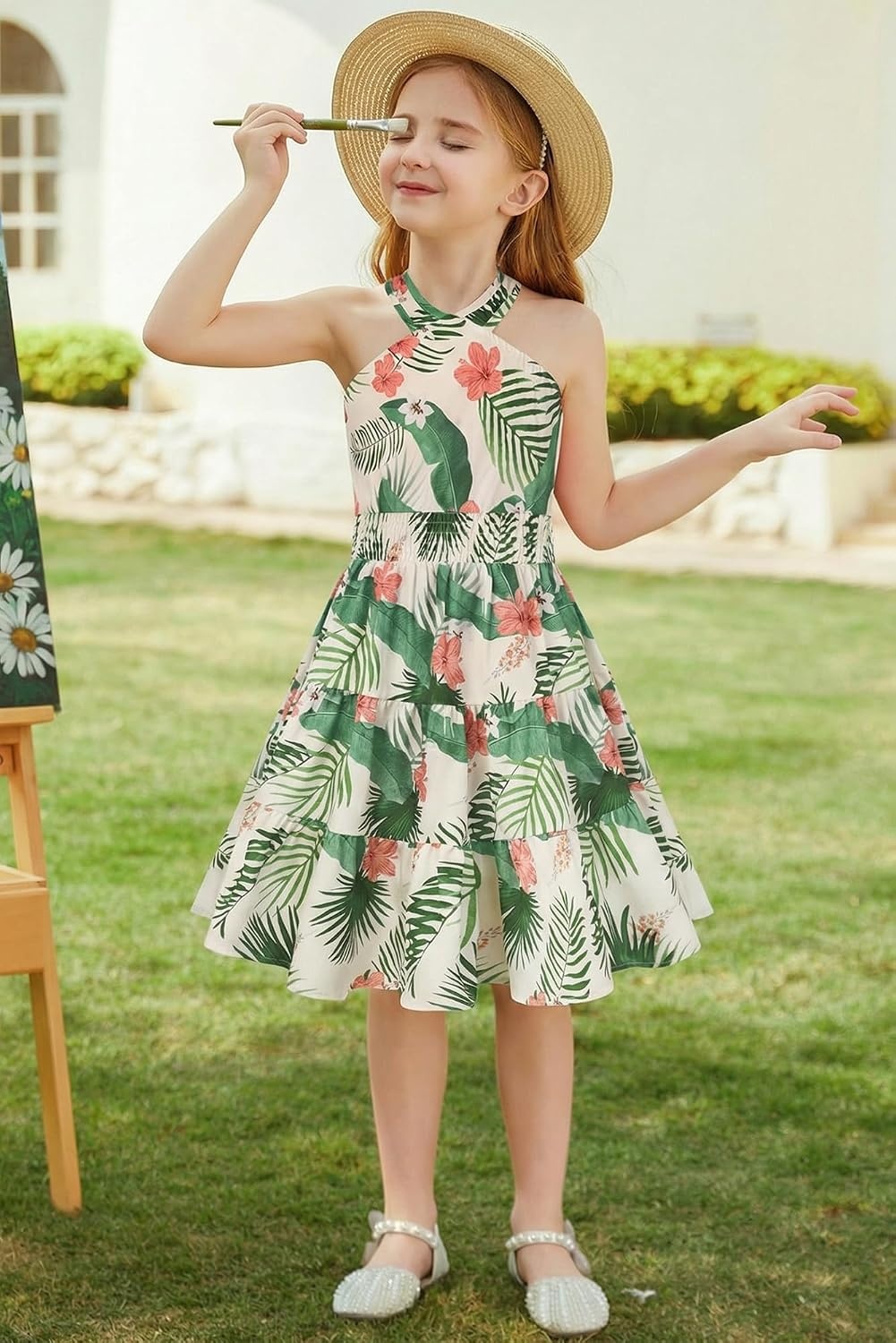 image:imageGRACE KARIN Girls Hawaiian Dresses Halter Tropical Beach Summer Dress 614YBeige Tropical