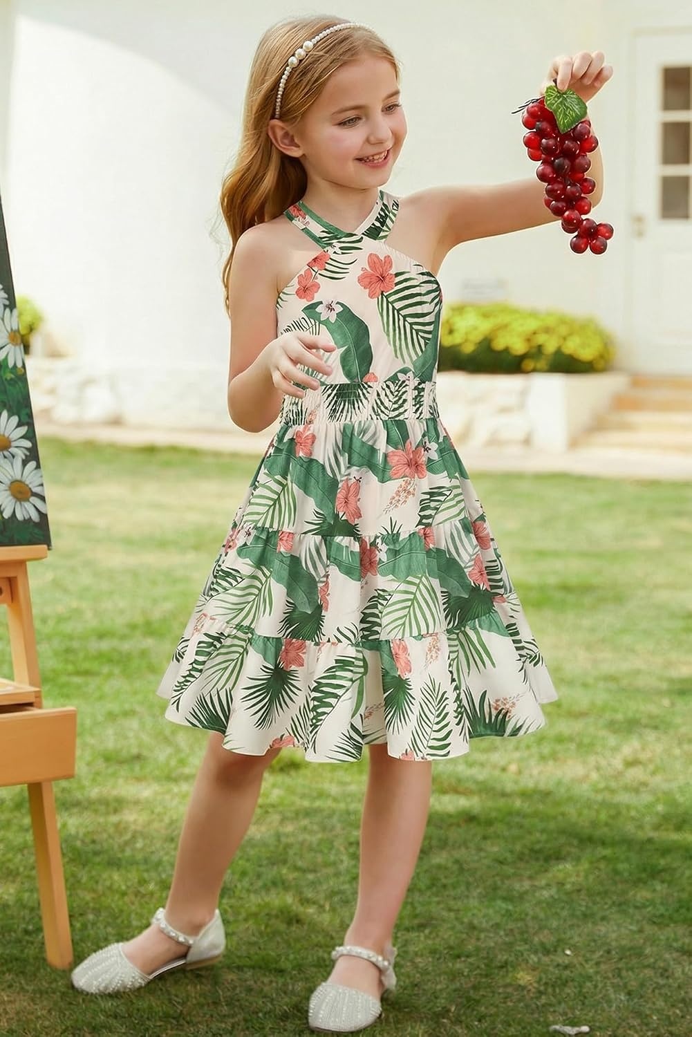 image:imageGRACE KARIN Girls Hawaiian Dresses Halter Tropical Beach Summer Dress 614YBeige Tropical