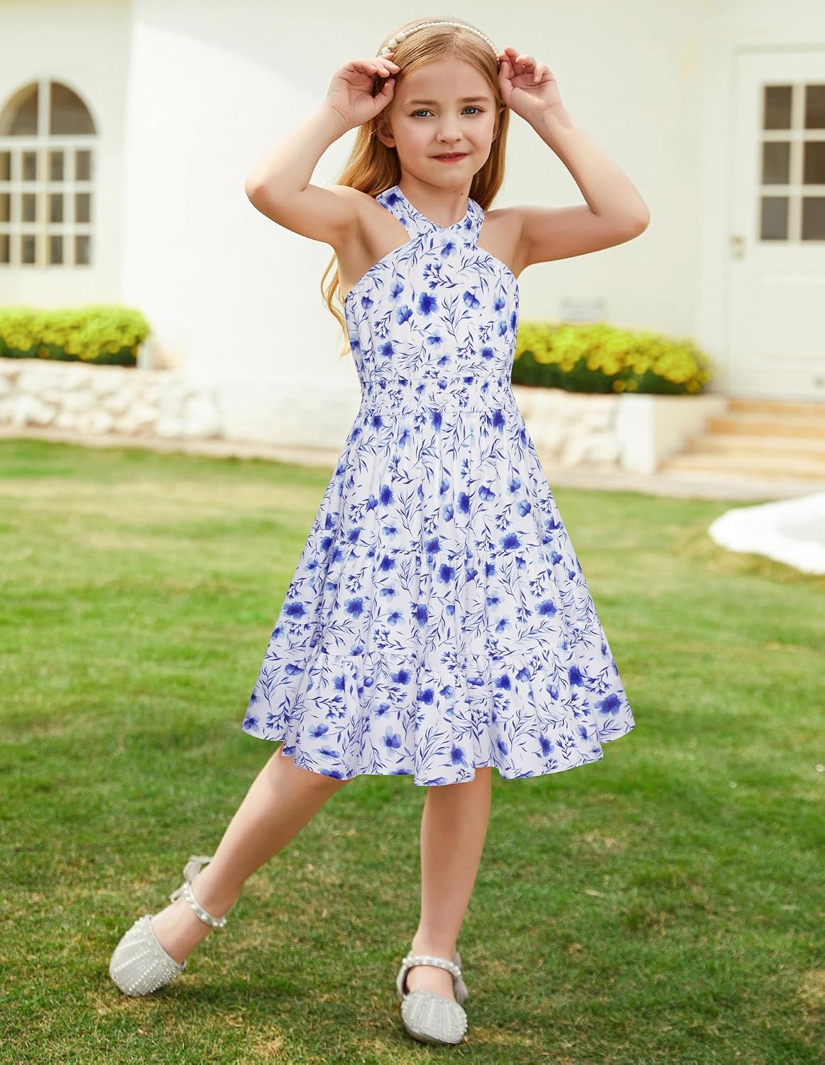 image:imageGRACE KARIN Girls Hawaiian Dresses Halter Tropical Beach Summer Dress 614YBlue White