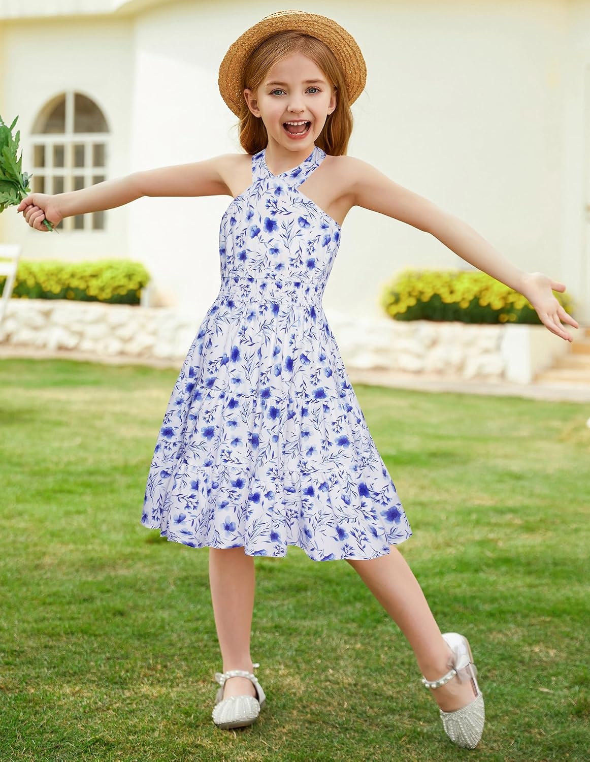 image:imageGRACE KARIN Girls Hawaiian Dresses Halter Tropical Beach Summer Dress 614YBlue White