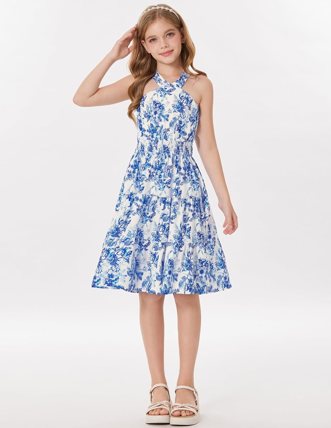 image:imageGRACE KARIN Girls Hawaiian Dresses Halter Tropical Beach Summer Dress 614YBlue and White