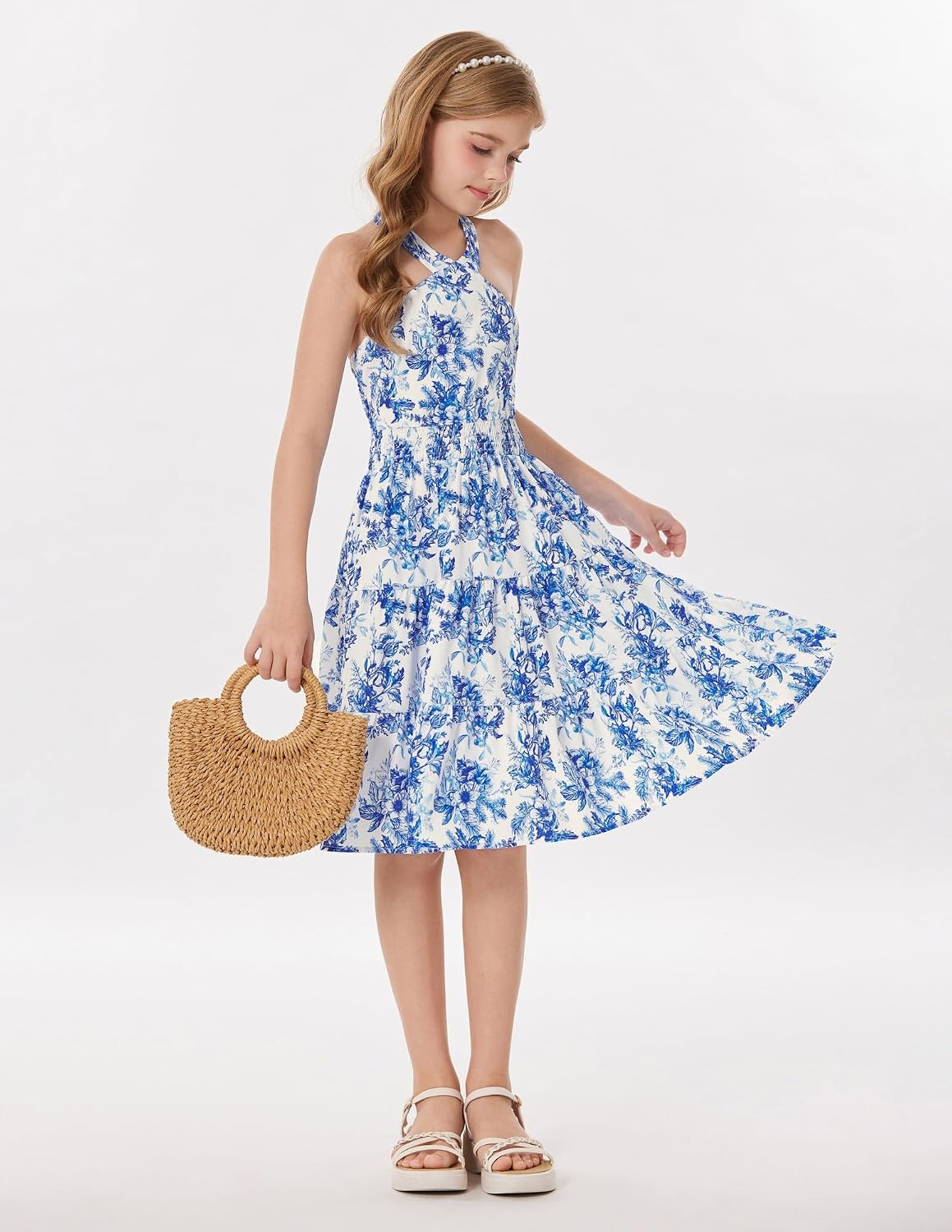 image:imageGRACE KARIN Girls Hawaiian Dresses Halter Tropical Beach Summer Dress 614YBlue and White