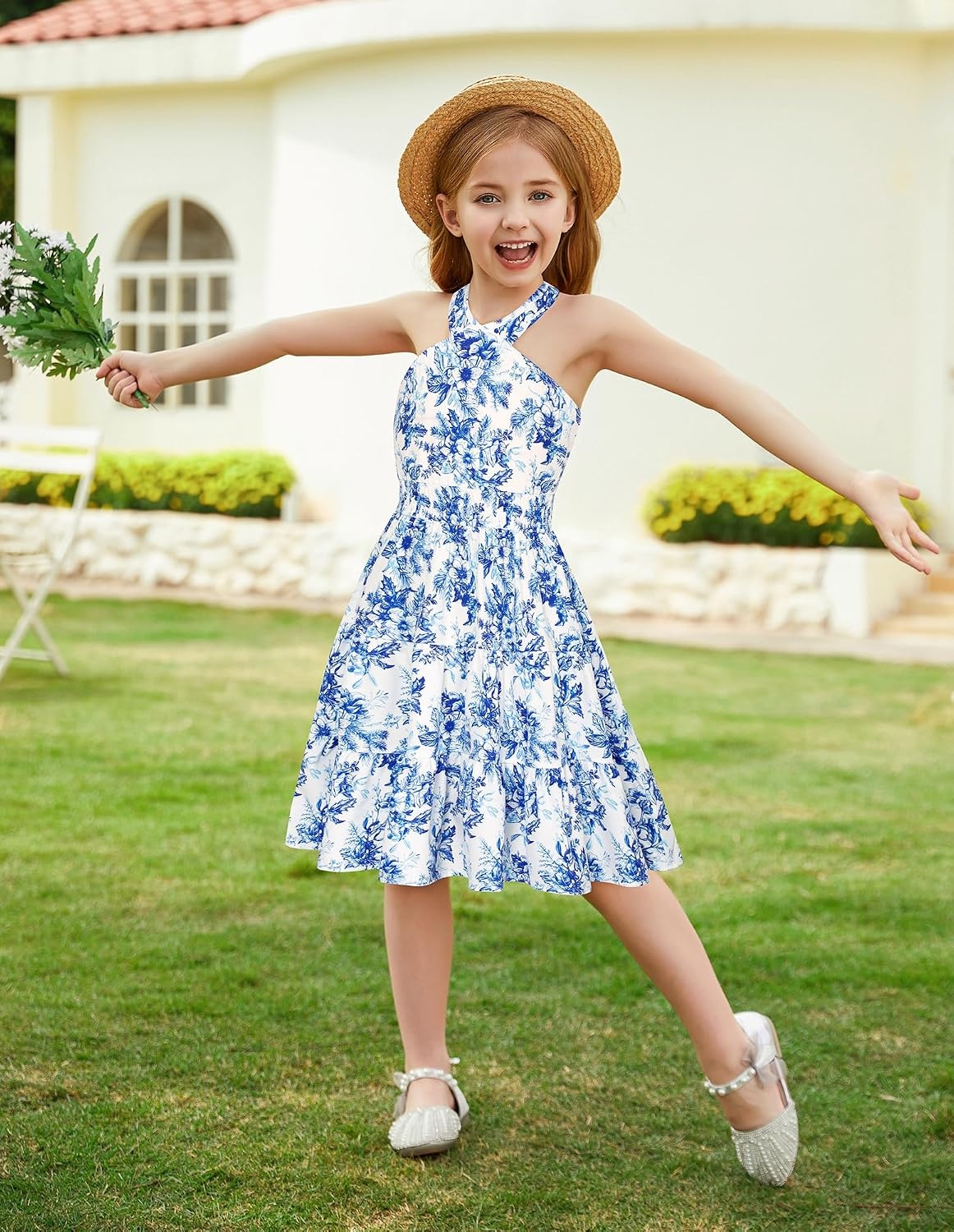 image:imageGRACE KARIN Girls Hawaiian Dresses Halter Tropical Beach Summer Dress 614YBlue and White