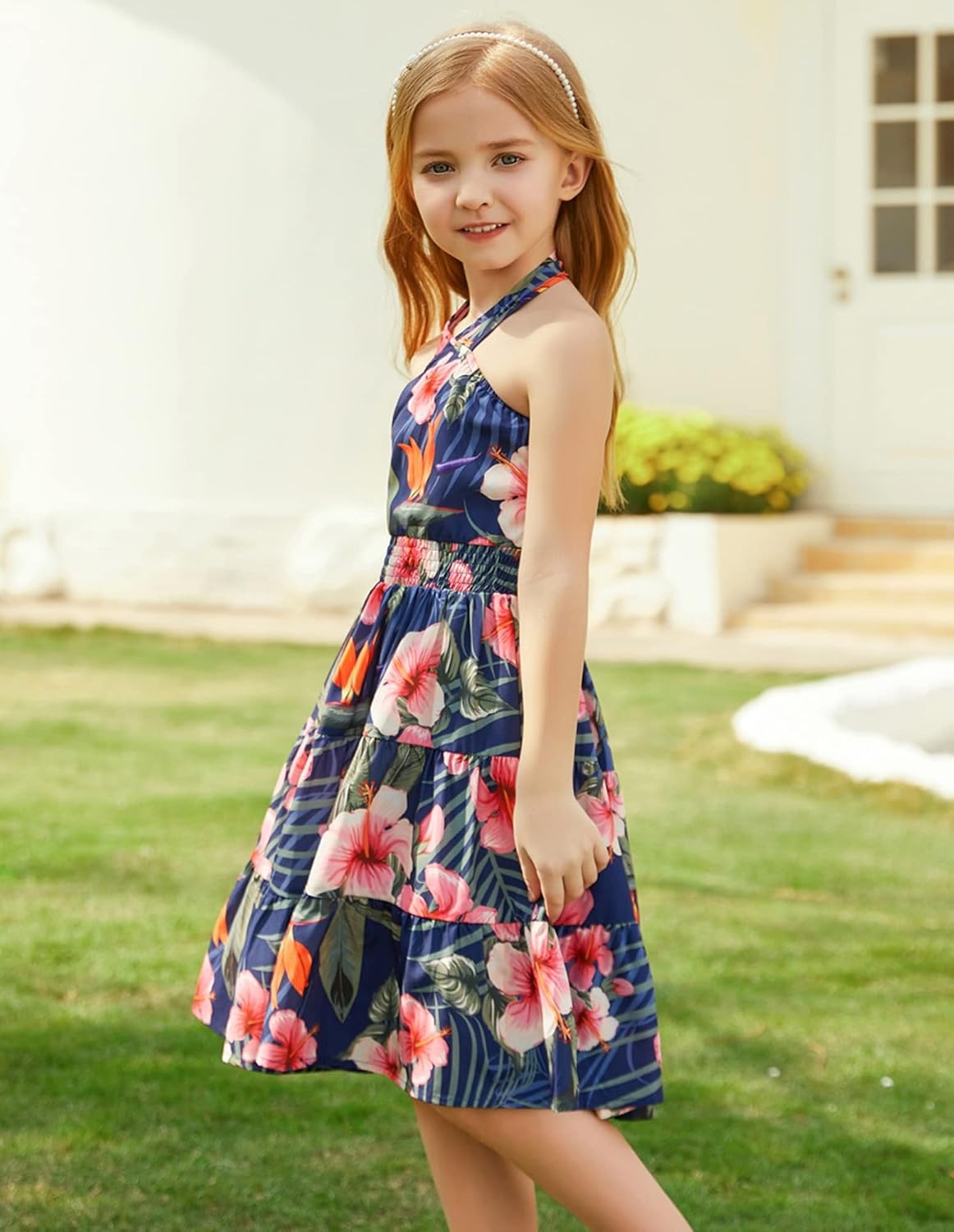 image:imageGRACE KARIN Girls Hawaiian Dresses Halter Tropical Beach Summer Dress 614YFloral on Navy