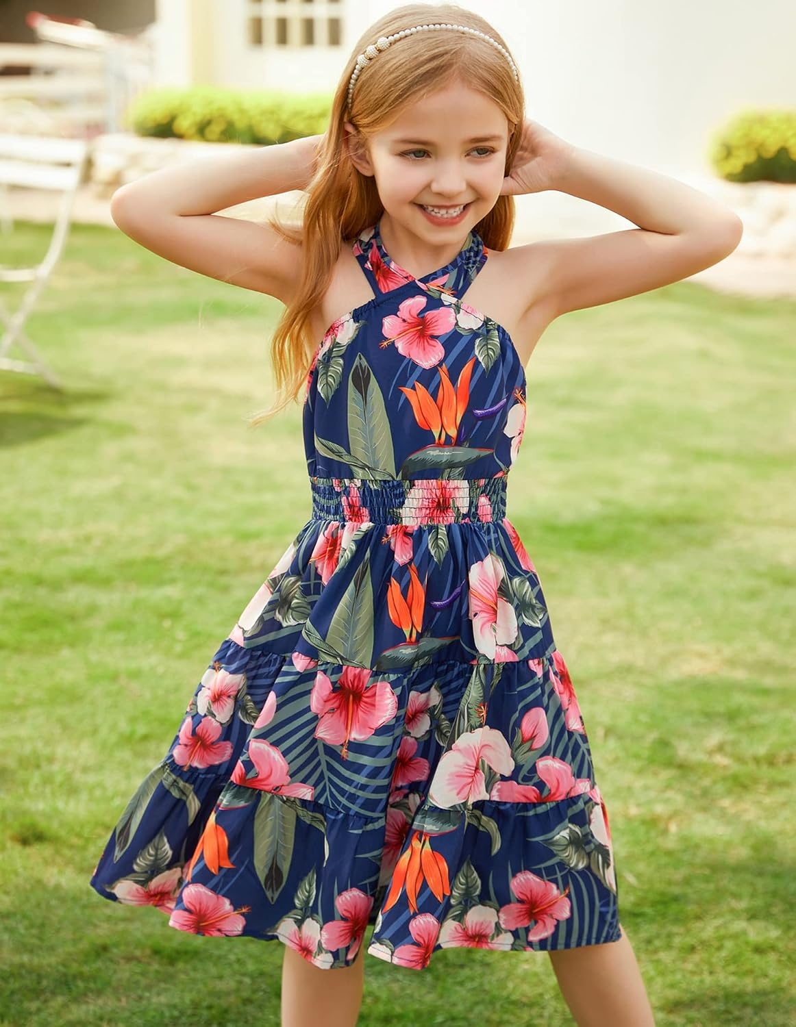 image:imageGRACE KARIN Girls Hawaiian Dresses Halter Tropical Beach Summer Dress 614YFloral on Navy
