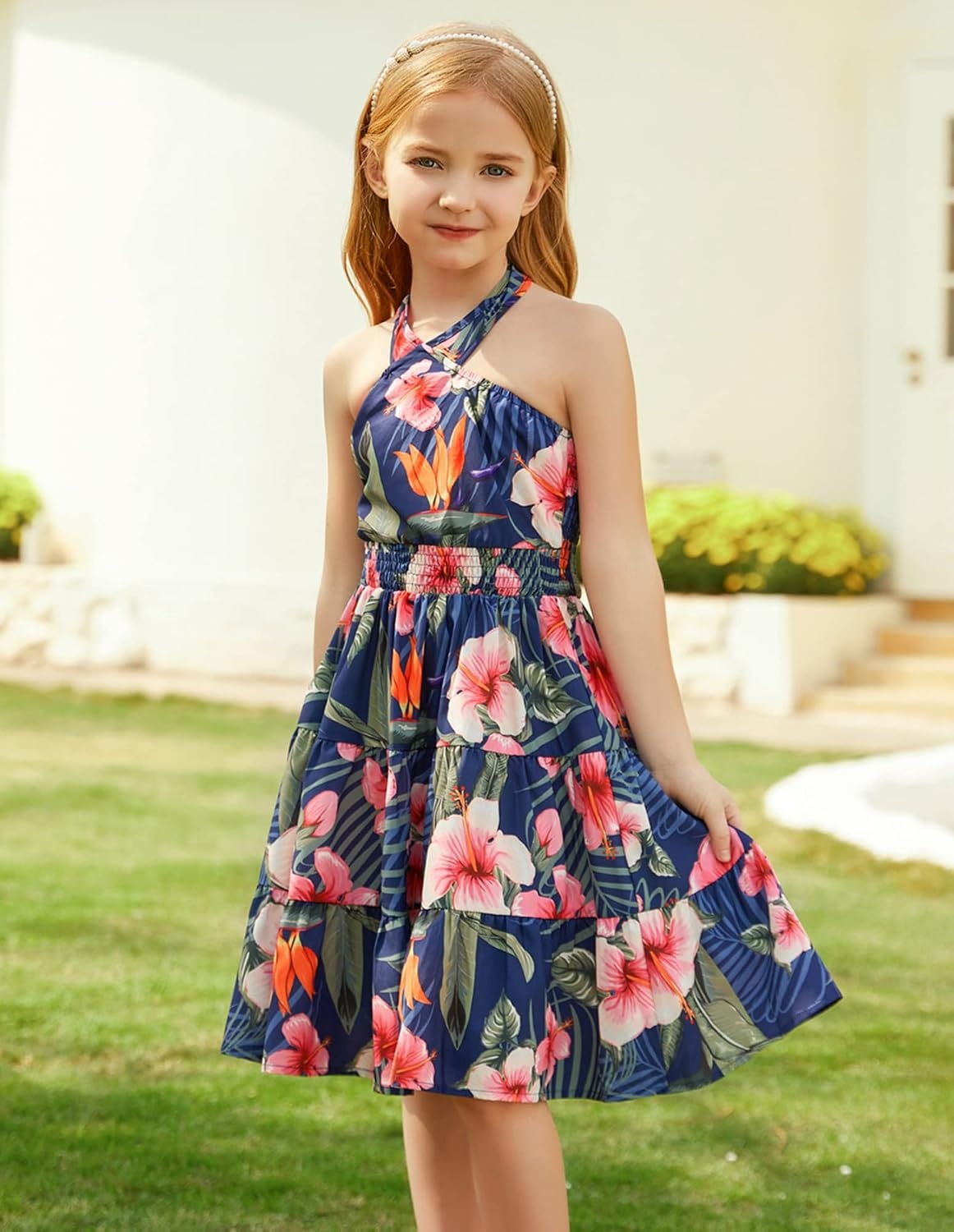 image:imageGRACE KARIN Girls Hawaiian Dresses Halter Tropical Beach Summer Dress 614YFloral on Navy