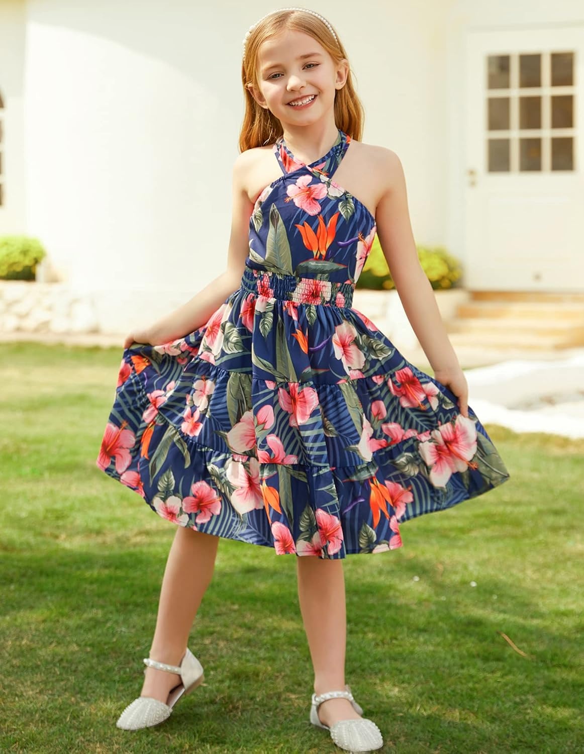 image:imageGRACE KARIN Girls Hawaiian Dresses Halter Tropical Beach Summer Dress 614YFloral on Navy