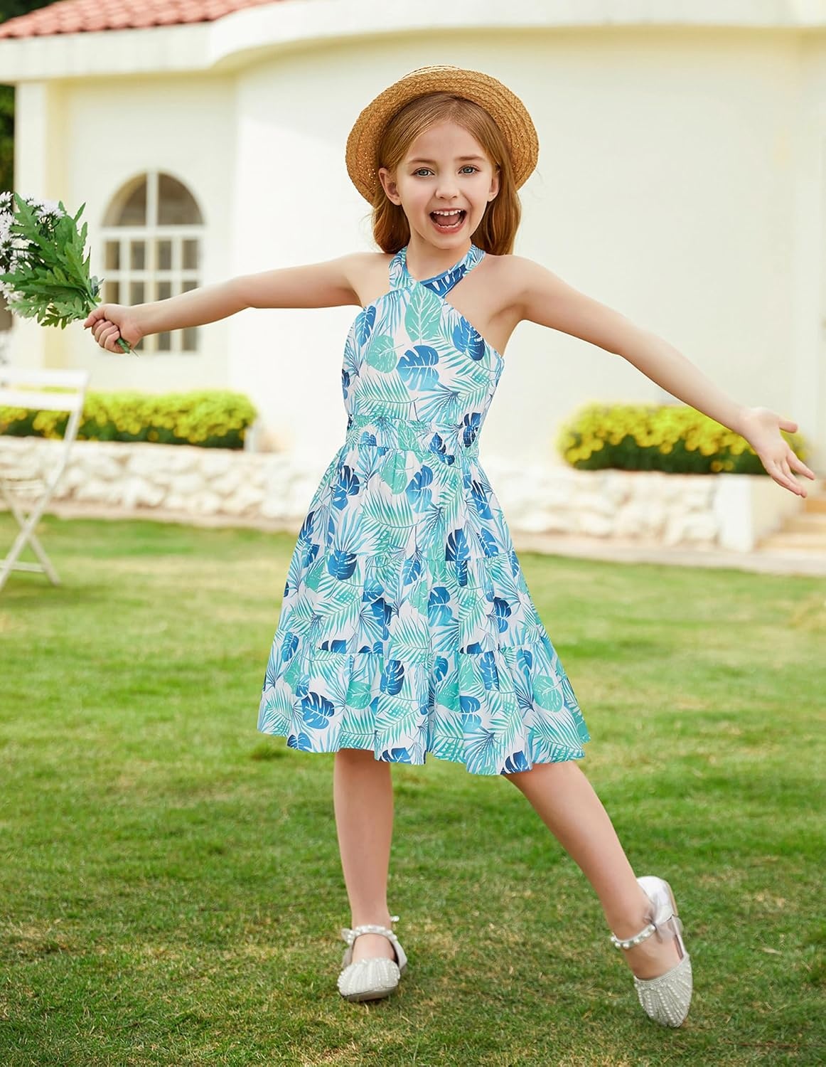 image:imageGRACE KARIN Girls Hawaiian Dresses Halter Tropical Beach Summer Dress 614YWhite and Teal