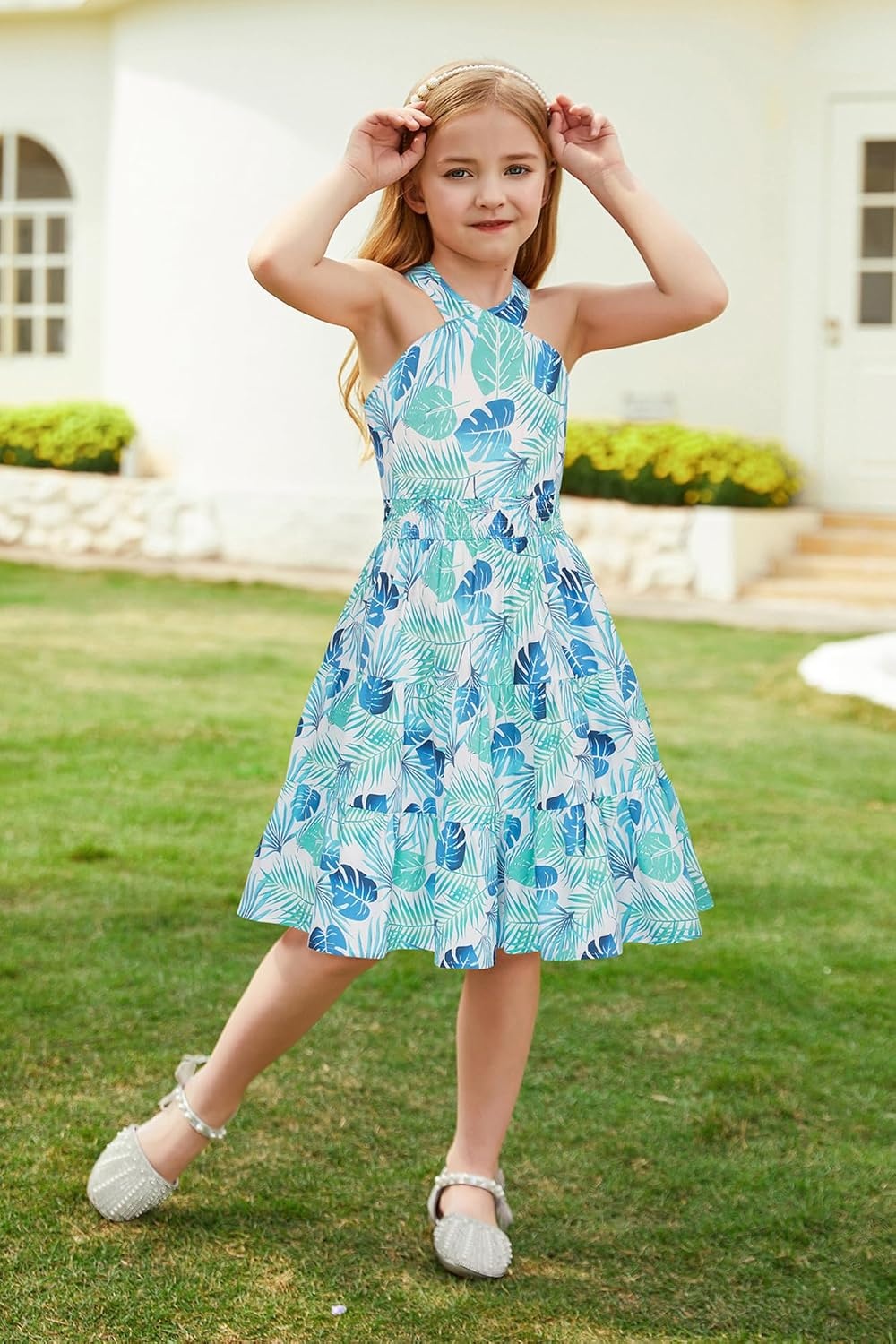 image:imageGRACE KARIN Girls Hawaiian Dresses Halter Tropical Beach Summer Dress 614YWhite and Teal