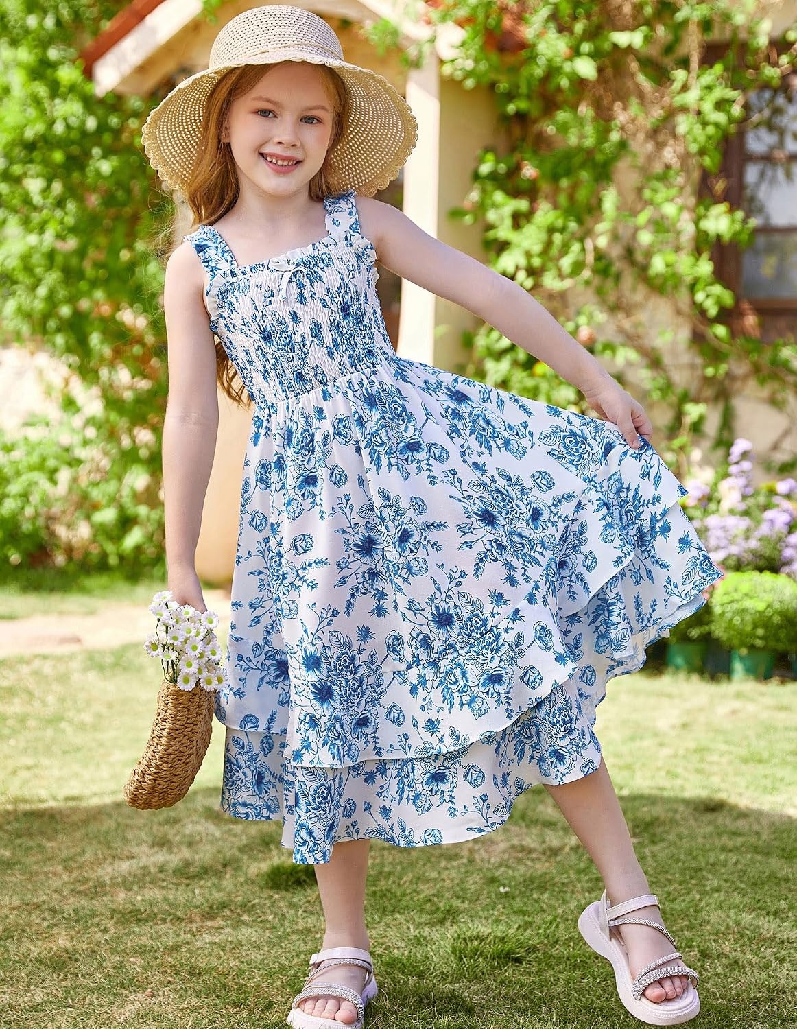 image:imageGRACE KARIN Girls Hawaiian Tropical Maxi Dress Floral Summer Beach SundressBlue White Floral