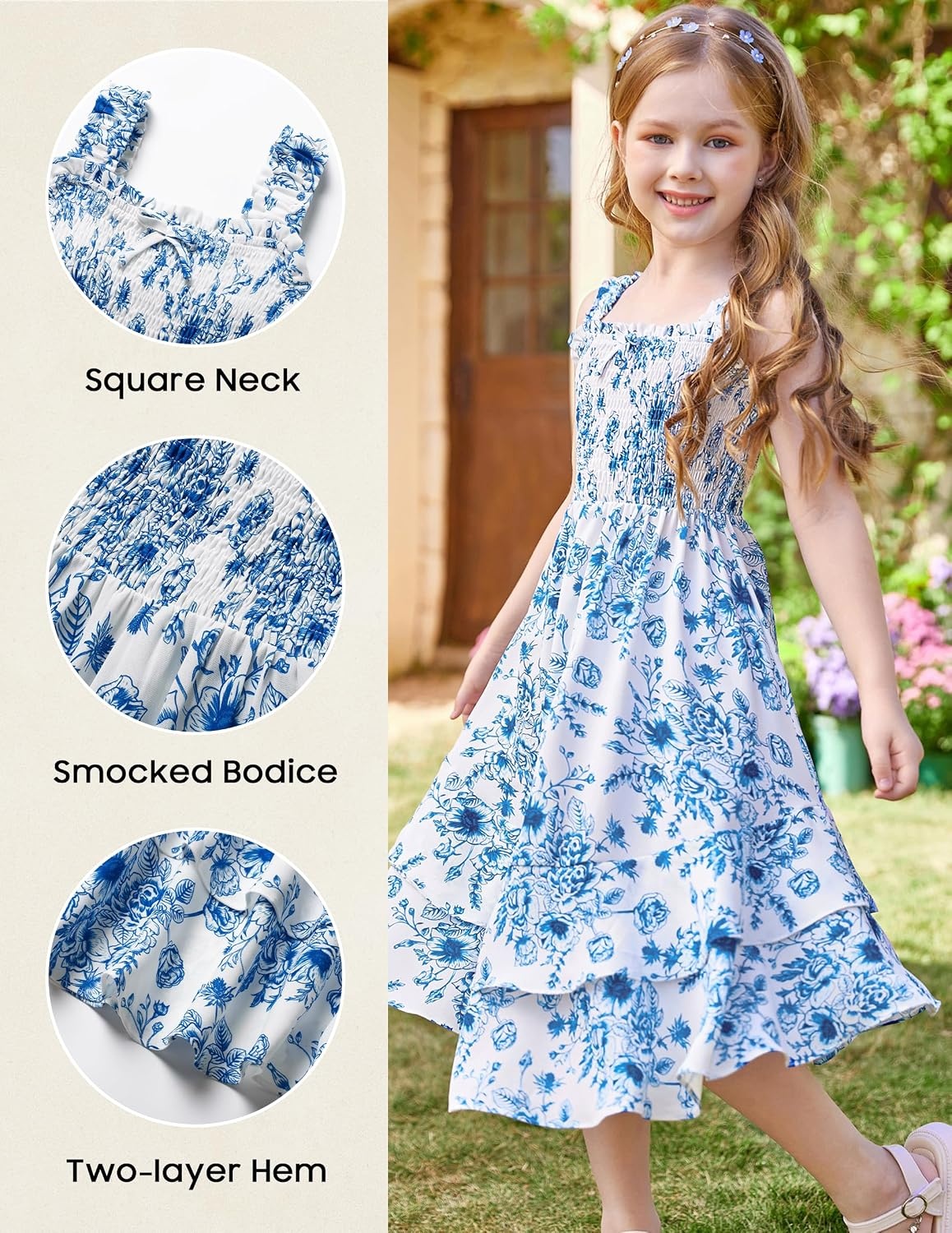 image:imageGRACE KARIN Girls Hawaiian Tropical Maxi Dress Floral Summer Beach SundressBlue White Floral