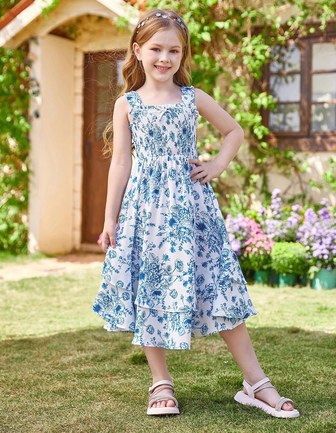 image:imageGRACE KARIN Girls Hawaiian Tropical Maxi Dress Floral Summer Beach SundressBlue White Floral