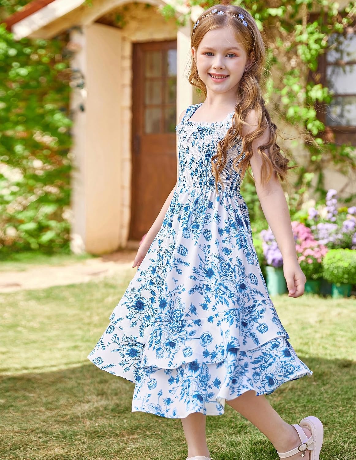 image:imageGRACE KARIN Girls Hawaiian Tropical Maxi Dress Floral Summer Beach SundressBlue White Floral