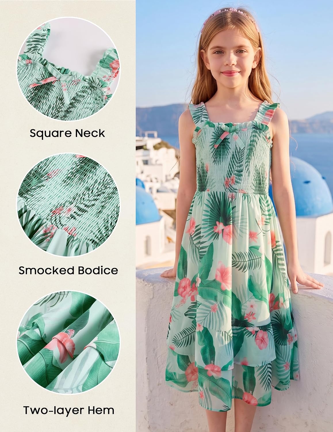 image:imageGRACE KARIN Girls Hawaiian Tropical Maxi Dress Floral Summer Beach SundressGreen Tropical